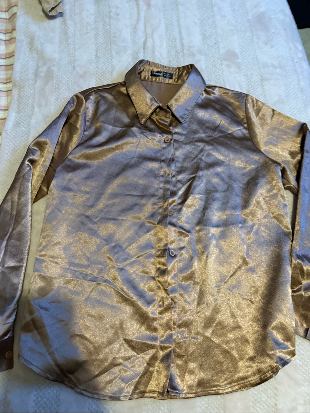 SHEIN Metallic Gold Satin Long-Sleeve Dress Shirt